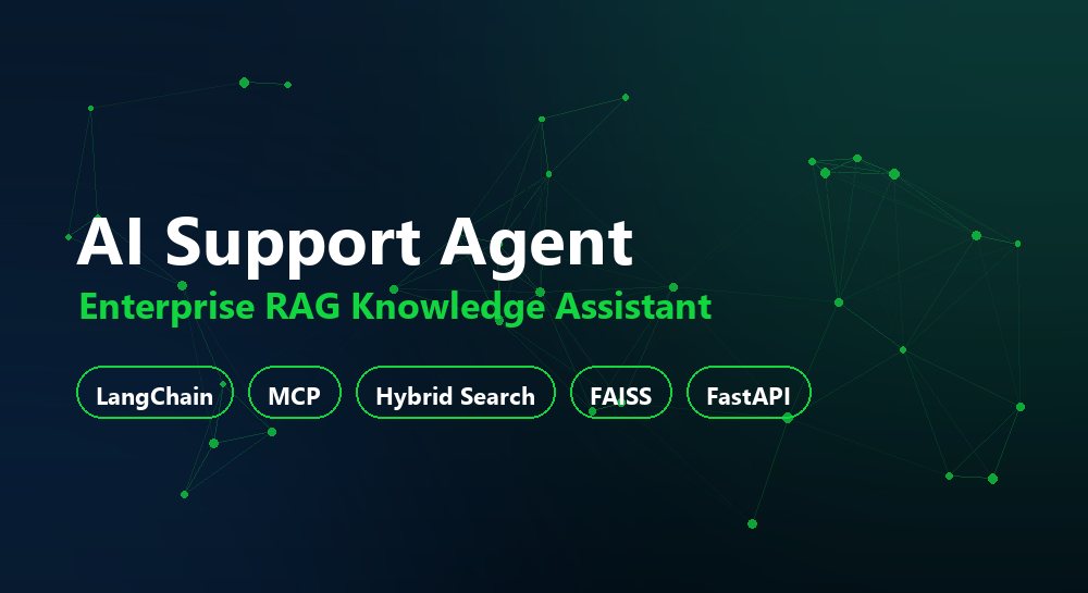 AI Support Agent, an enterprise RAG knowledge assistant built with LangChain, MCP, hybrid search, FAISS and FastAPI